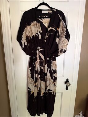 One Hundred Stars Boho Crane Print Black Maxi Dress